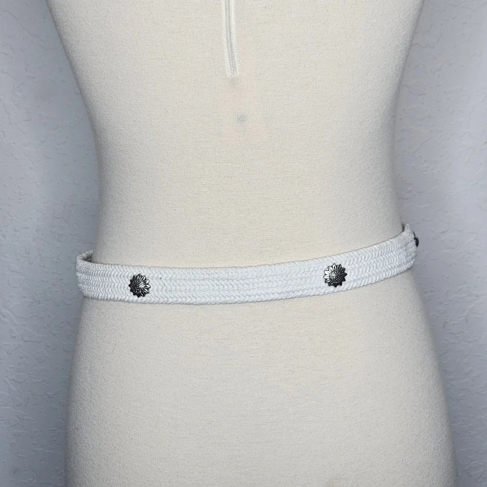 Fossil Women's Braided Cord Belt White Brown Leather Sunflower Concho S M